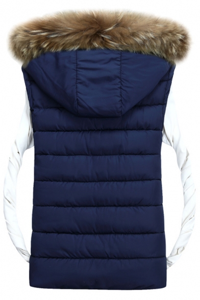 Simple Plain Faux Fur Hem Hooded Zip Up Padded Vest Coat