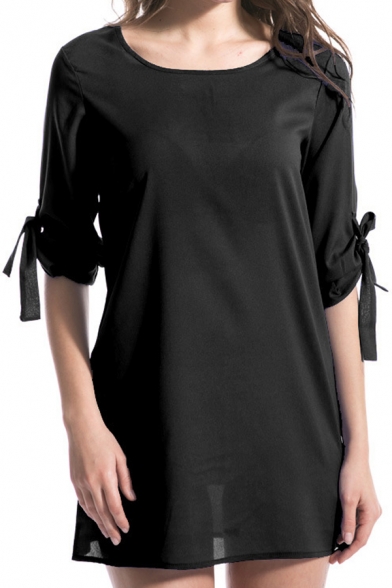 Spring Fashion Chiffon Petal Hem Round Neck Half Sleeve Mini Shift Dress