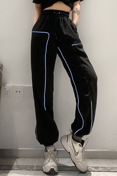 Street Pants Drawstring Waist Contrast Pipe Reflective Ankle Length Carrot Fit Pants in Black