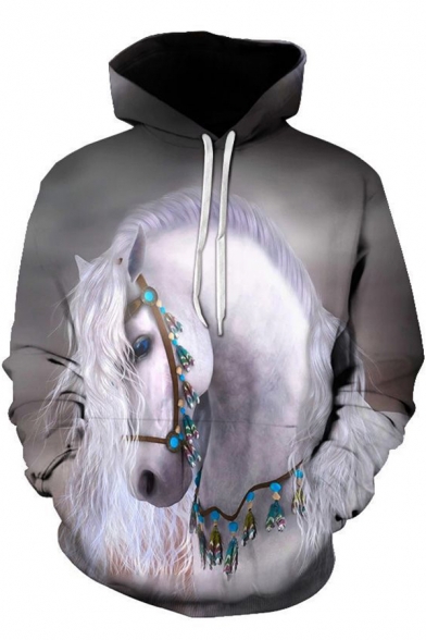 Stylish Men's Hoodie Unicorn Fairy Tale 3D Print Kangaroo Pocket Long Sleeved Regular Fitted Drawstring Hooded Sweatshirt