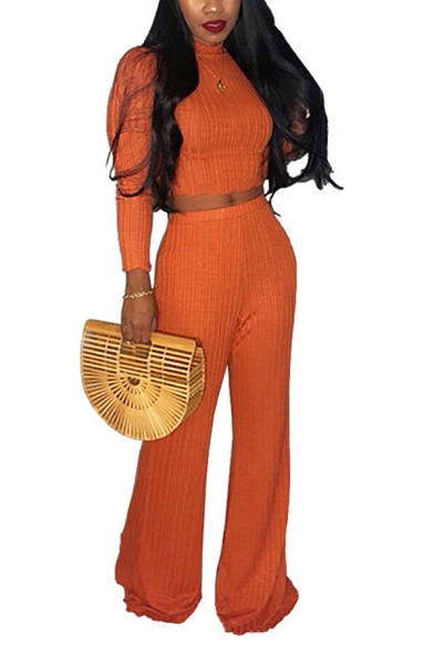 Stylish Womens Set Solid Color Ribbed Long Sleeve Mock Neck Fit Crop Tee & Wide-leg Pants Co-ords