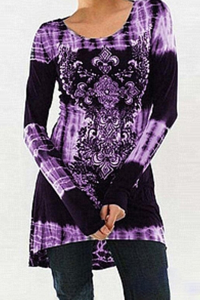 Trendy Dress Tie Dye Flower Print Long Sleeve Round Neck Short A-line Dress for Women