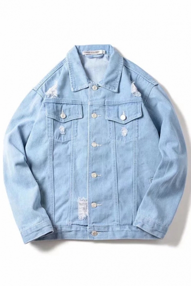 Trendy Men's Denim Jacket Light Wash Distressed Frayed Detail Flap Chest Pockets Spread Collar Long Sleeves Regular Fitted Denim Jacket