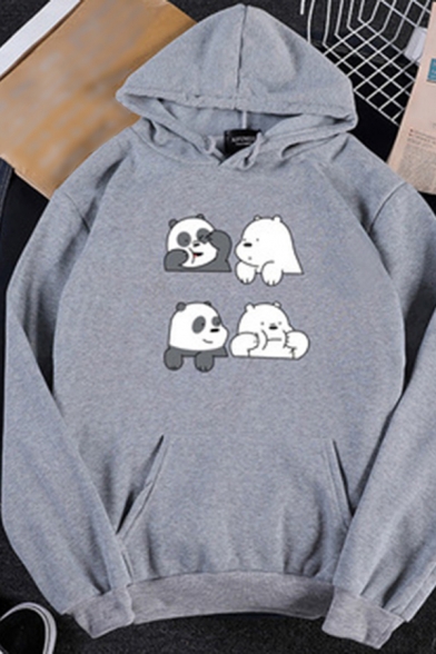 Trendy Women's Hoodie Panda Bear Print Front Pocket Long Sleeves Regular Fitted Drawstring Hooded Sweatshirt