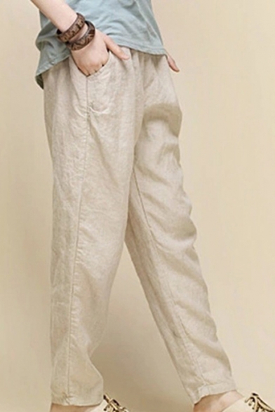Trendy Women's Pants Solid Color Cotton and Linen Side Pockets Elastic Waist Full Length Tapered Pants