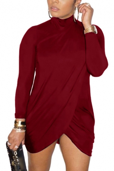 Trendy Women's T-Shirt Dress Solid Color Mock Neck Asymmetrical Hem Long Sleeves Regular Fitted Mini Dress