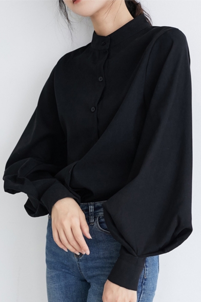 Unique Women's Shirt Blouse Solid Color Button Closure Mock Neck Long Bishop Sleeves Regular Fitted Shirt Blouse