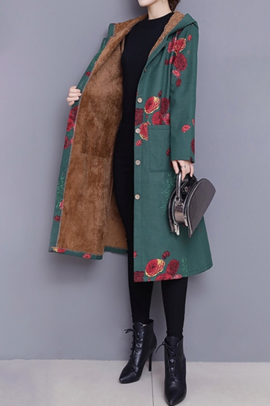 Vintage Women's Coat Floral Pattern Front Pockets Button Fly Brushed Inside Long Sleeves A-Line Regular Fitted Midi Coat