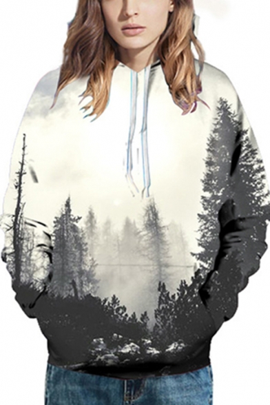 White-gray Hoodie 3D Tree Printed Long Sleeve Drawstring Pouch Pocket Relaxed Leisure Hoodie for Men