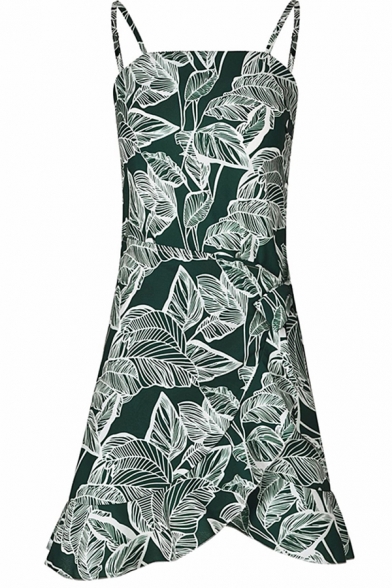 Womens Dress Stylish Floral Print Chiffon Tulip Ruffle-Hem Tie Side Spaghetti Strap Sleeveless Slim Fitted Mini Slip Dress