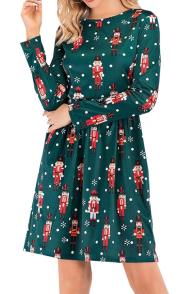Womens Popular Dress All Over Mixed Christmas Cartoon Print Long Sleeve Round Neck Mid A-line Dress