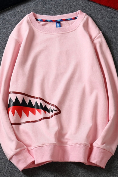Boys Cool Sweatshirt Cartoon Shark Mouth Print Long Sleeve Crew Neck Loose Fit Pullover Sweatshirt
