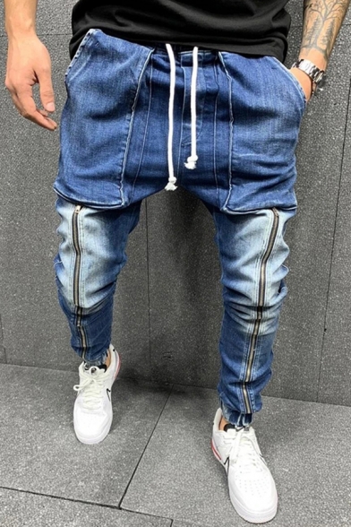 Casual Men's Jeans Zip Front Side Pocket Drawstring Elastic Low Waist Banded Cuffs Ankle Length Jeans with Washing Effect