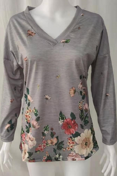 Classic Women's Tee Top Flower Pattern V Neck Long sleeves Regular Fitted T-Shirt