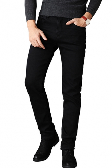 Cool Mens Business Jeans Letter Pattern Zipper Fly Full Length Slim Fit Straight Jeans with Pockets