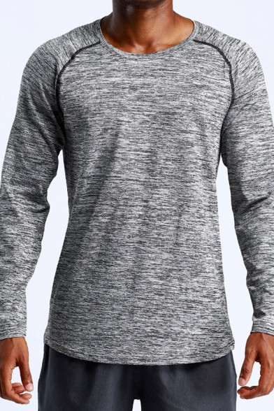 Cozy Men's Training Tee Top Contrast Stitching Space Dye Pattern Crew Neck Long-sleeved Regular Fitted Workout T-Shirt