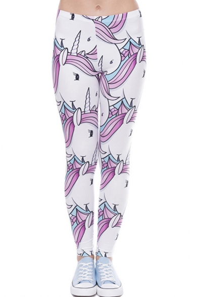 Cute Women's Leggings Cartoon Unicorn Pattern Mid Waist Full Length Skinny Leggings