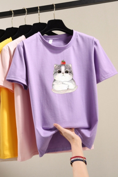 Cute Womens Tee Top Cartoon Cat Printed Crew Neck Short Sleeves Regular Fitted T-Shirt