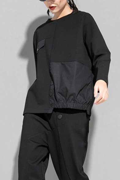 Dark Womens Tee Top Patchwork Long Sleeve Crew Neck Button Asymmetric Hem Loose Tee Top in Black