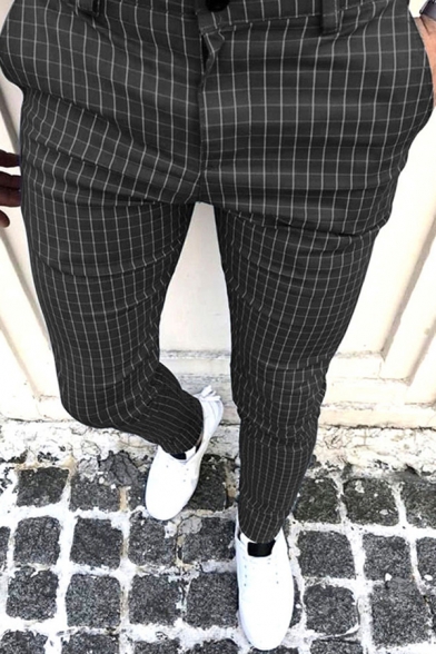 Elegant Mens Pants Plaid Pattern Zip Fly Ankle Length Mid Waist Side Pocket Ankle Length Pants