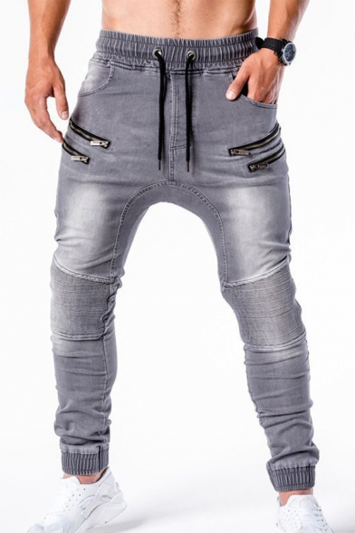 Fancy Men's Jeans Faded Wash Zipper Pocket Elastic Drawstring Waist Banded Cuffs Ankle Length Skinny Jeans