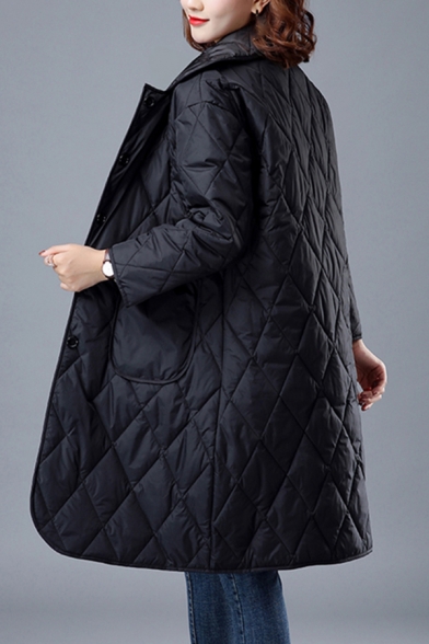 Fancy Women's Coat Quilted Solid Color Button-down Front Pocket Peter Pan Collar Long Sleeves Regular Fitted Midi Coat