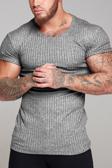 Fashionable Men's Tee Top Rib Knitted Heathered Round Neck Short-sleeved Slim Fitted T-Shirt