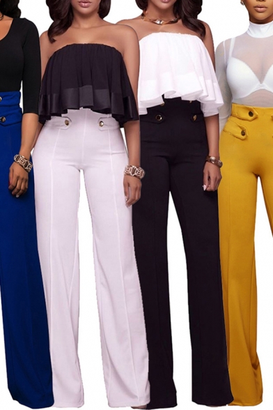 Formal Ladies Pants Solid Color Patched High Waist Long Length Wide-leg Pants