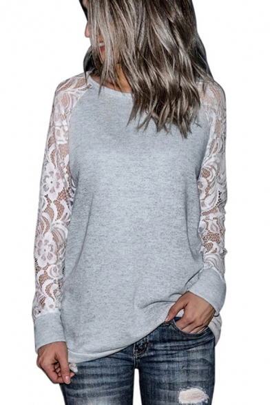 Girls Pretty Tee Top Sheer Lace Long Sleeve Round Neck Relaxed Fitted Plain Tee Top