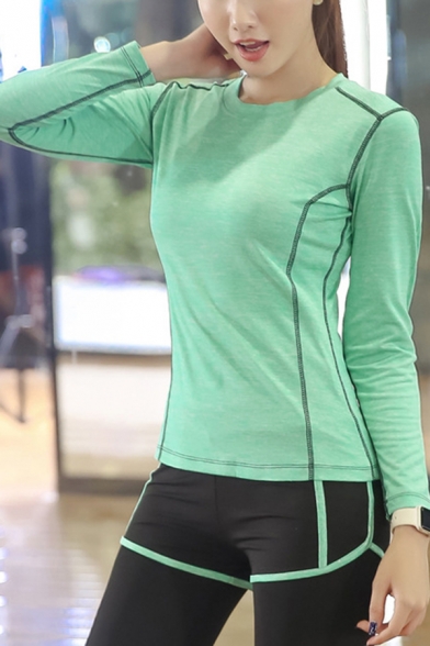 Gym Girls Tee Top Long Sleeve Crew Neck Contrast Stitch Slim Fit T Shirt