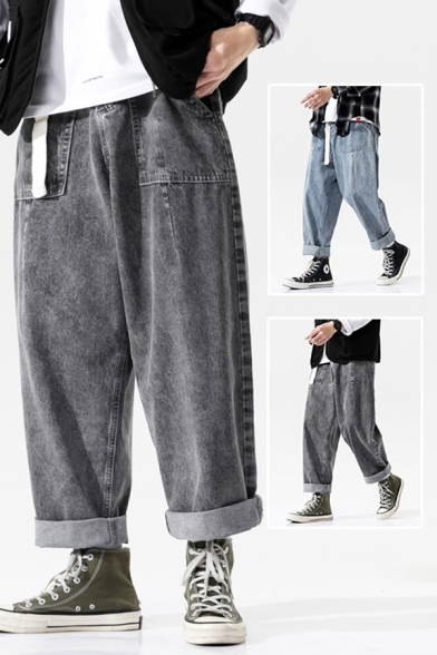 Hip Hop Boys Jeans Midi Waist Bleach Roll Up Cuffs Ankle Baggy Plain Jeans