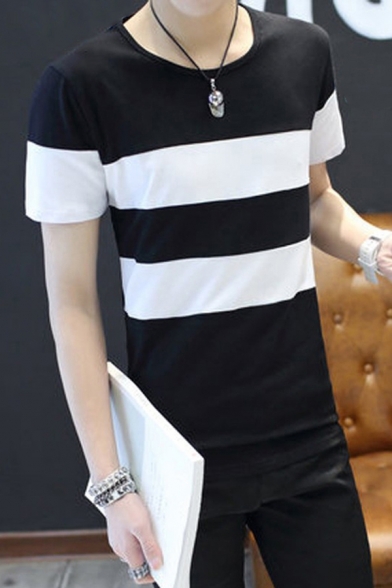 Leisure Men's Tee Top Stripe Pattern Contrast Panel Round Neck Short Sleeves Regular Fitted T-Shirt