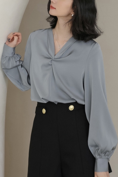 Leisure Women's Shirt Blouse Solid Color Twist Front Long Bishop Sleeves V Neck Relaxed Fix Shirt Blouse