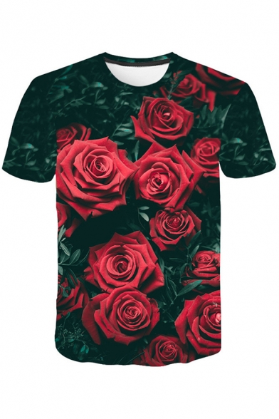 Mens Fancy Tee Top Rose 3D Print Short Sleeve Crew Neck Slim Fit T Shirt