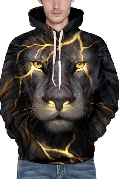 Mens Hoodie Long Sleeve Drawstring Lightning Lion 3D Pattern Pouch Pocket Relaxed Stylish Hoodie in Black-gold