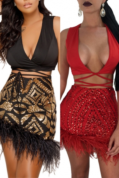 Party Womens Set Halter Crisscross Fitted Crop Tank & Sequins Fringe Skirt Set
