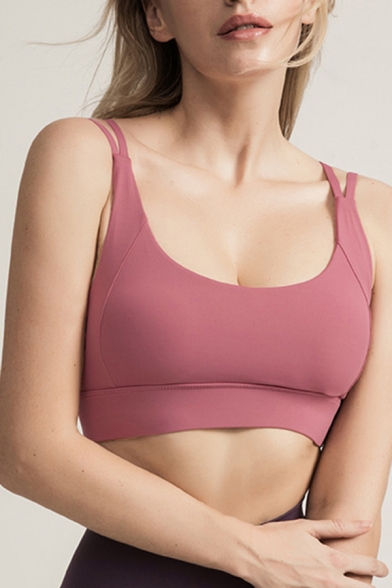 Quick Dry Women's Yoga Tee Top Solid Color Hollow out Twist Double Straps Scoop Neck Sleeveless Fitted Workout Bra