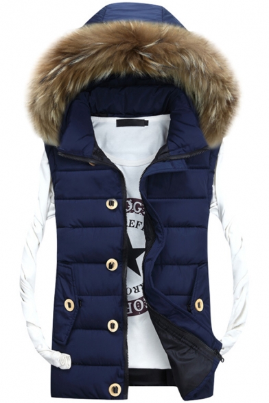 Simple Plain Faux Fur Hem Hooded Zip Up Padded Vest Coat
