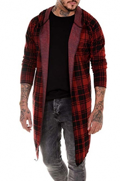 Stylish Men's Jacket Plaid Tartan Pattern Open Front Asymmetrical Hem Long Sleeves Regular Fitted Jacket
