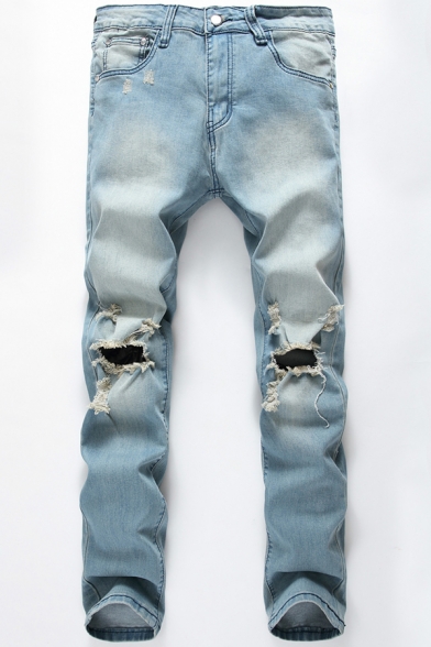 Stylish Men's Jeans Distressed Hole Button Fly Side Pockets Long Regular Fitted Jeans with Light Washing Effect