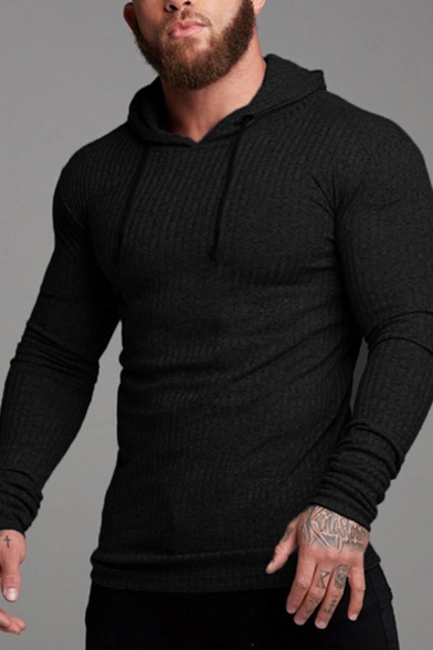 Stylish Men's Tee Top Plain Drawstring Hooded Long Sleeves Regular Fitted T-Shirt