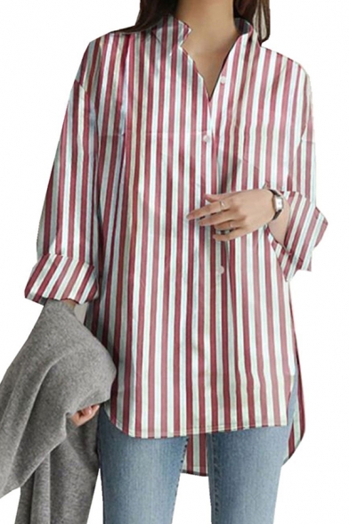 Stylish Womens Shirt Striped Pattern Roll-up Sleeve Stand Collar Button-up Curved Hem Loose Longline Shirt Top
