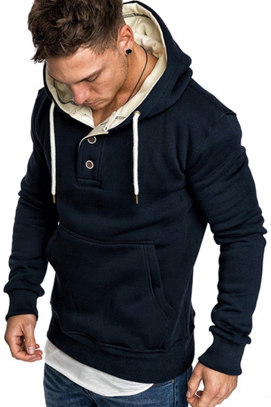 Trendy Men's Hoodie Heathered Front Pocket Button Detail Long Sleeves Regular Fitted Drawstring Hooded Sweatshirt
