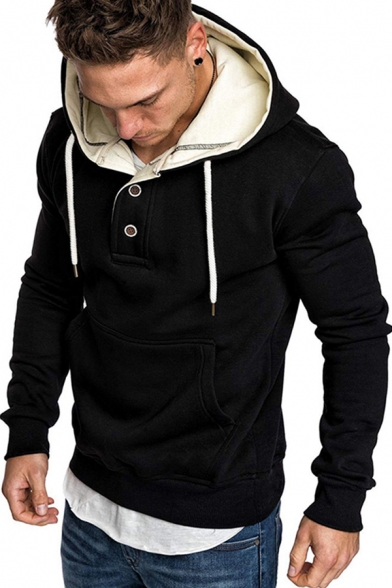 Trendy Men's Hoodie Heathered Front Pocket Button Detail Long Sleeves Regular Fitted Drawstring Hooded Sweatshirt
