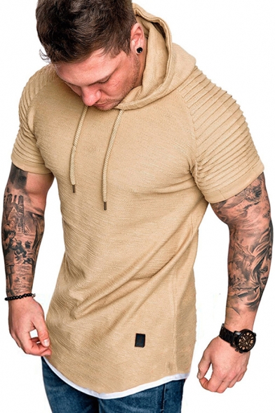 Trendy Men's Tee Top Wrinkle Heathered Raglan Short Sleeves Drawstring Hooded Slim Fitted T-Shirt