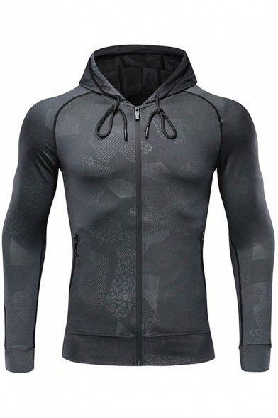 Trendy Men's Workout Hoodie Jacquard Detail Zip Closure Long Sleeves Slim Fitted Drawstring Hooded Sweatshirt