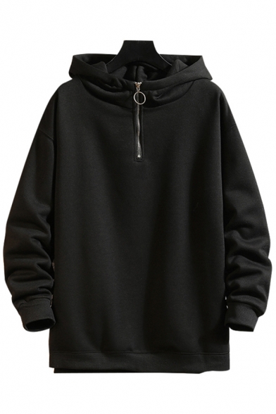 Trendy Mens Hoodie Solid Color 1/4 Zip Collar Ribbed Trim Long-sleeved Regular Fitted Hooded Sweatshirt