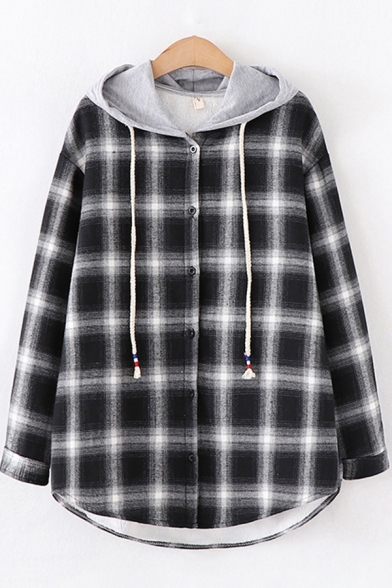 Warm Leisure Shirt Plaid Print Sherpa Lined Long Sleeve Hooded Button Up Curved Hem Loose Shirt Top