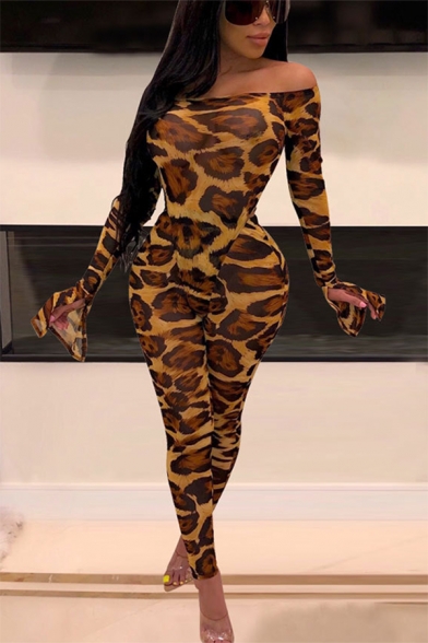 Womens Sexy Leopard Print Bardot Neck Long Sleeve Slim Fit Jumpsuit