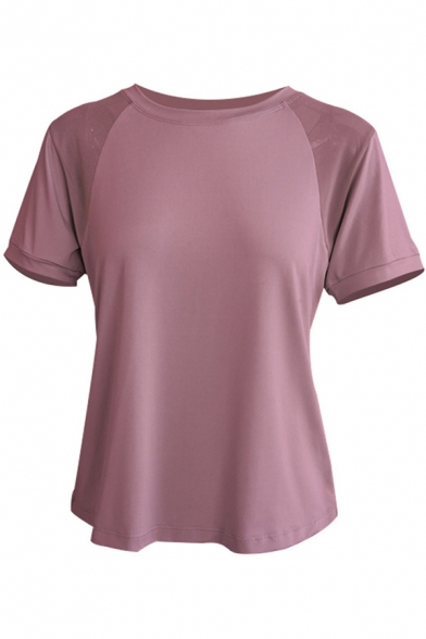 Yoga Women's Tee Top Contrast Panel Patchwork Mesh Back Split Hem Round Neck Short-sleeved Regular Fitted T-Shirt